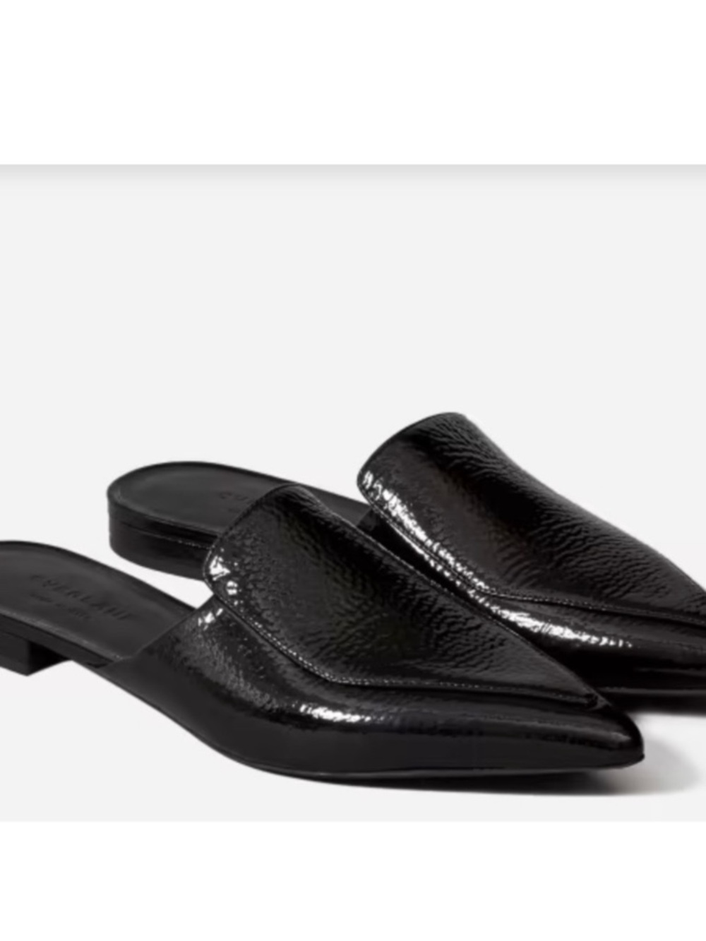 Everlane The Boss patent black slip on mules
